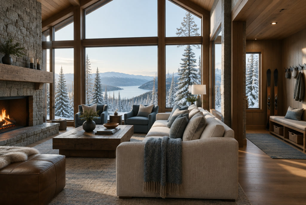 A warm timber mountain home interior with big windows facing the snow